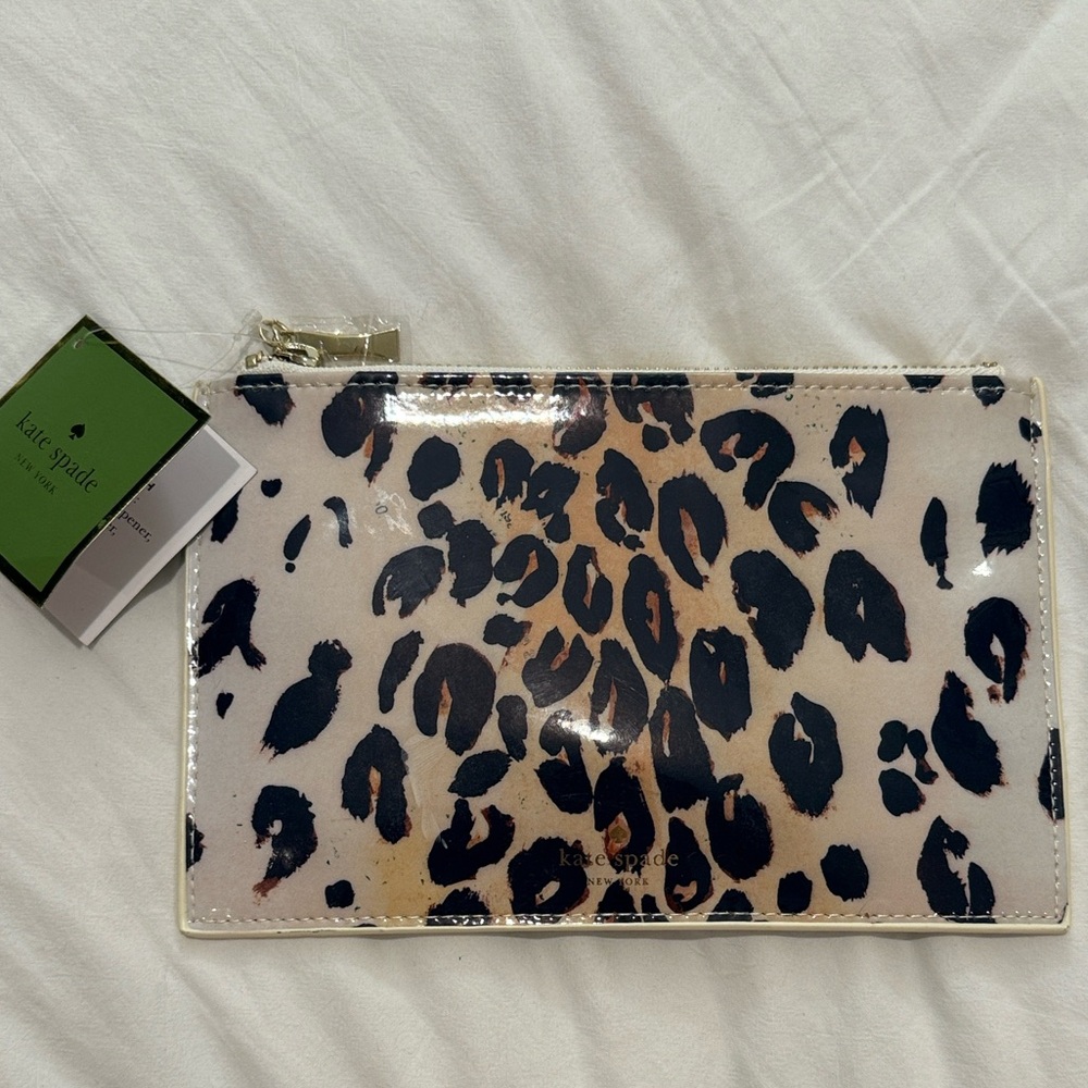 kate spade Leopard Patent Pencil Pouch in Black and Tan